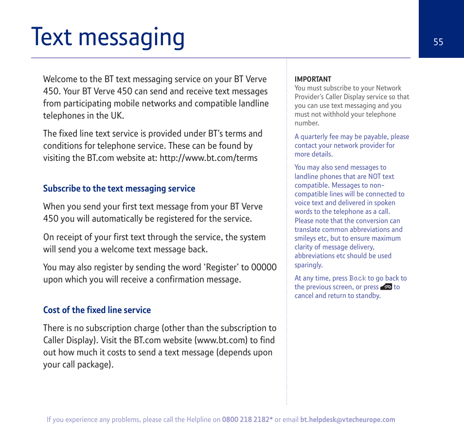 Text messaging | BT verve 450 User Manual | Page 55 / 80