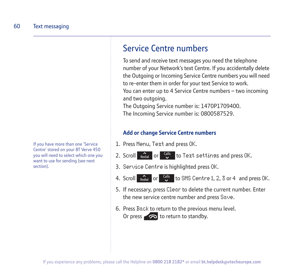 Service centre numbers | BT verve 450 User Manual | Page 60 / 80