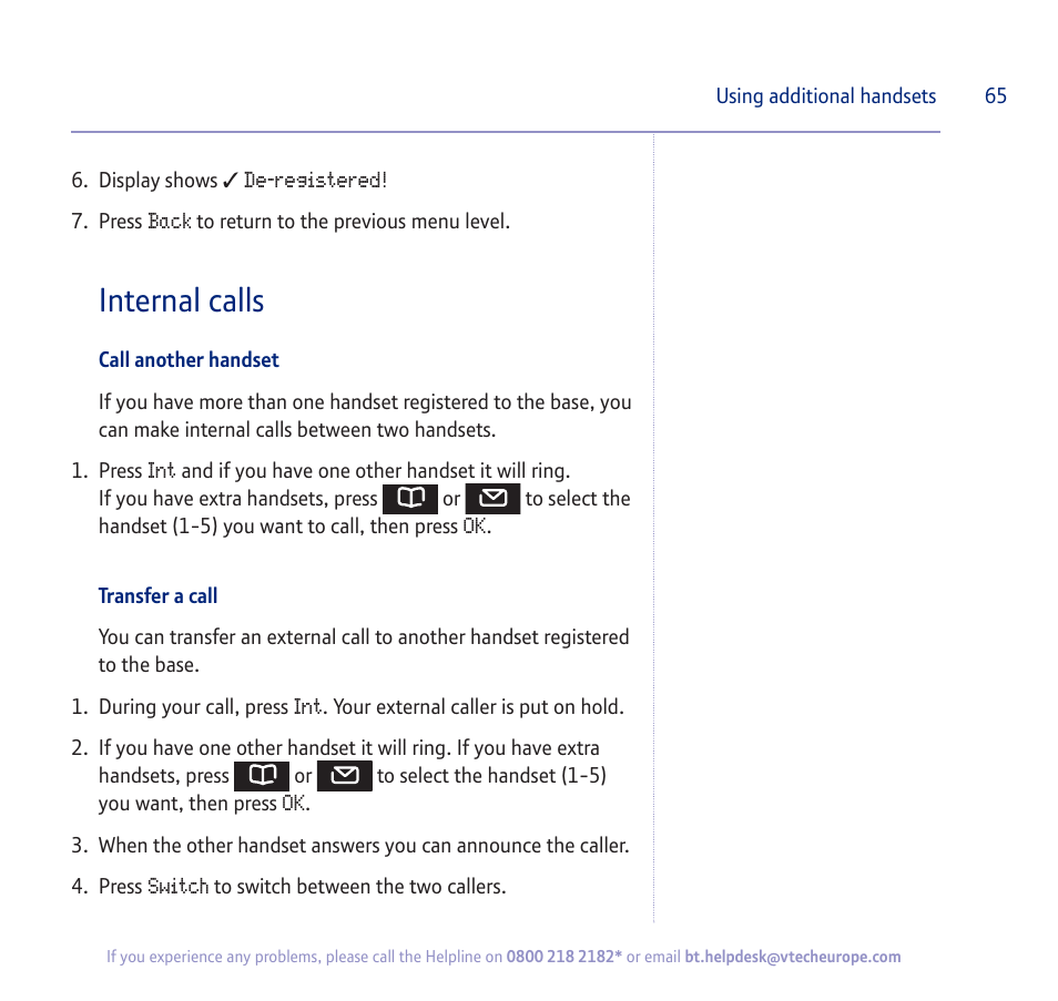 Internal calls | BT verve 450 User Manual | Page 65 / 80