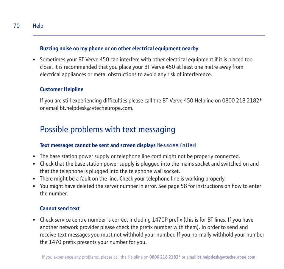 Possible problems with text messaging | BT verve 450 User Manual | Page 70 / 80