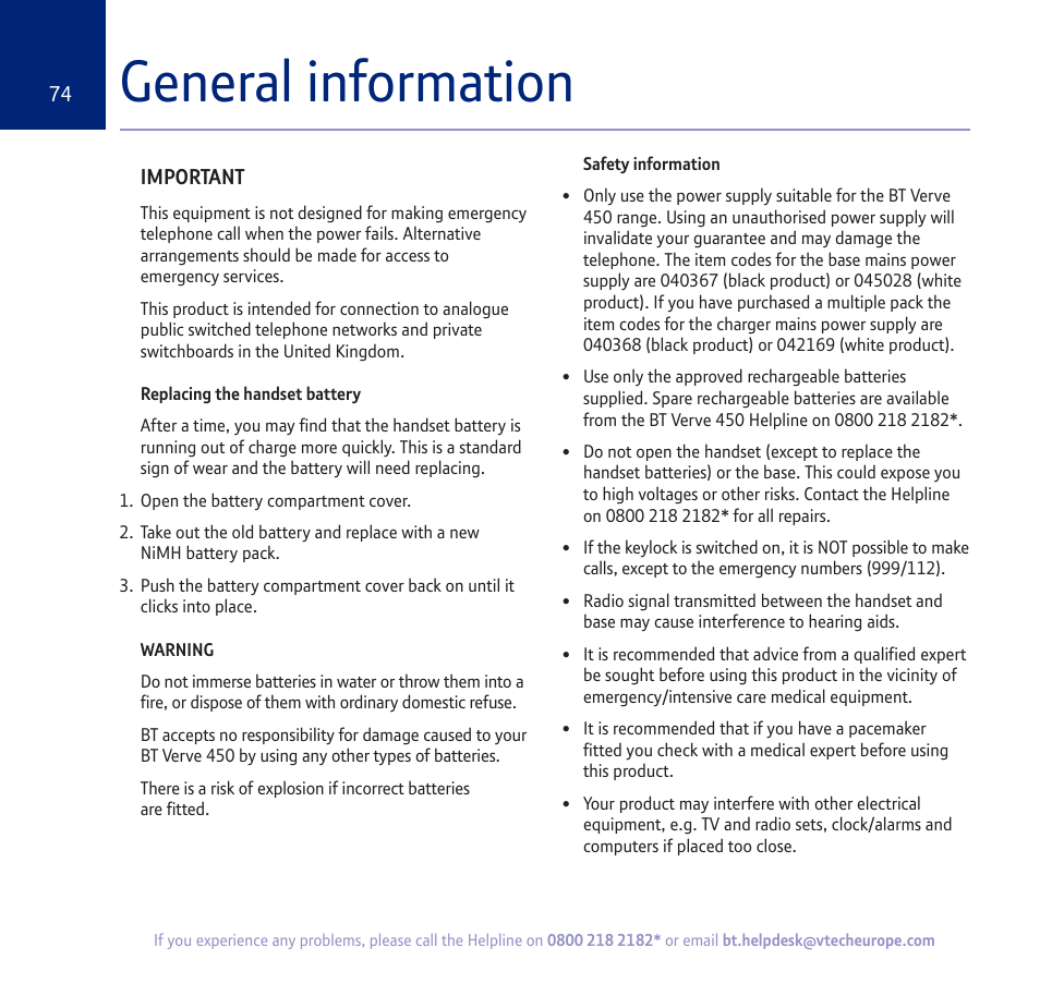 General information | BT verve 450 User Manual | Page 74 / 80