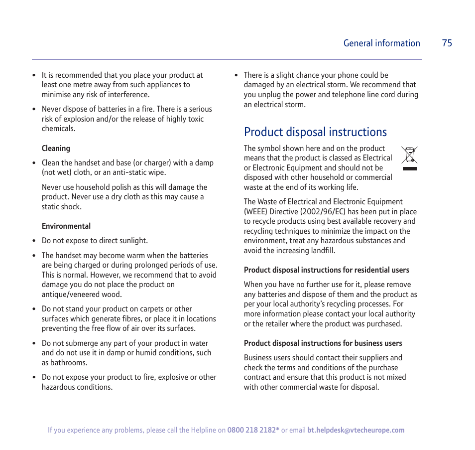 Product disposal instructions | BT verve 450 User Manual | Page 75 / 80