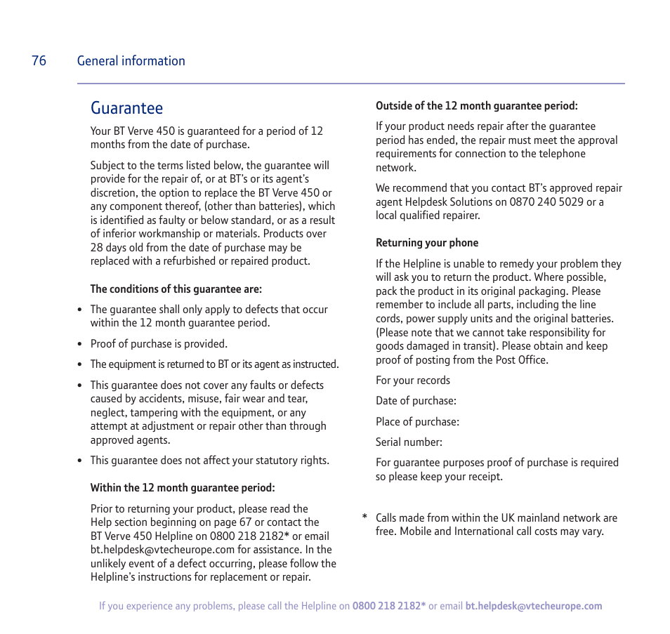 Guarantee | BT verve 450 User Manual | Page 76 / 80