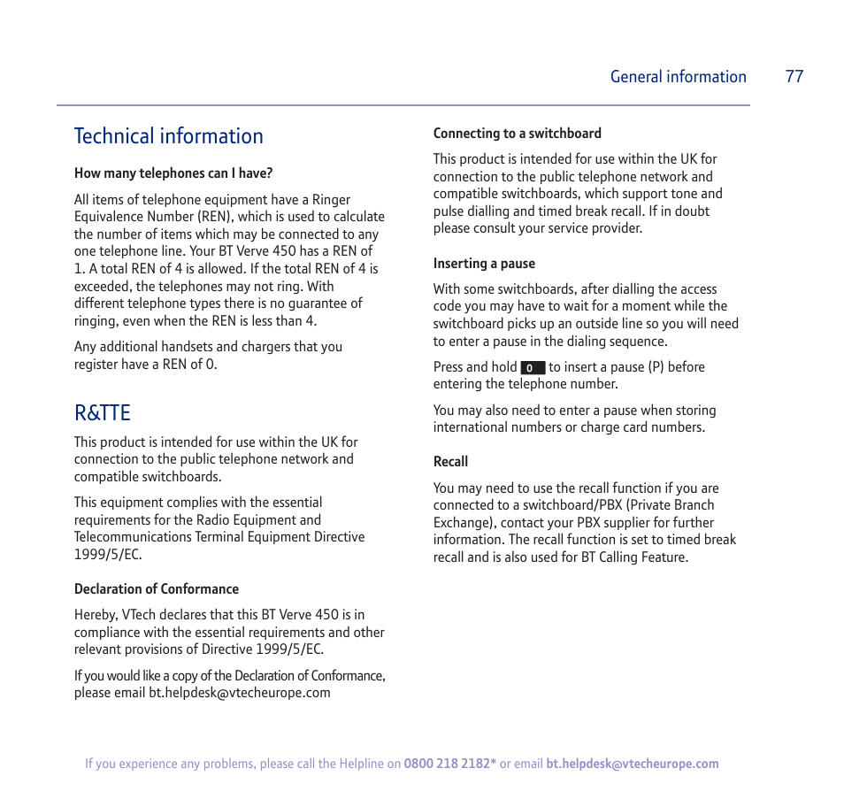 Technical information, R&tte | BT verve 450 User Manual | Page 77 / 80