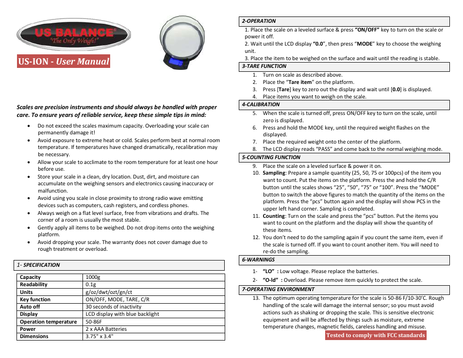 US Balance US-ION 1000g x 0.1g User Manual | 1 page