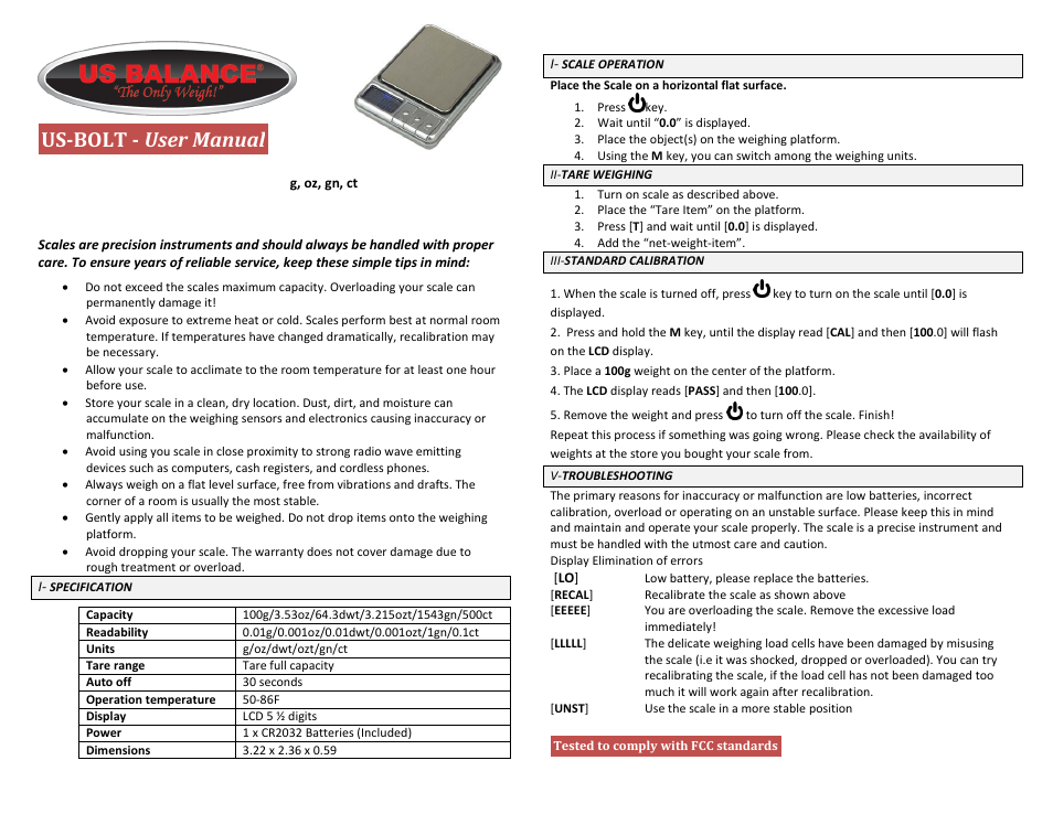 US Balance US-BOLT 100g x 0.01g User Manual | 1 page