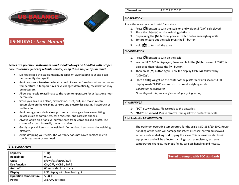 US Balance US-NUEVO 100g x 0.01g User Manual | 1 page