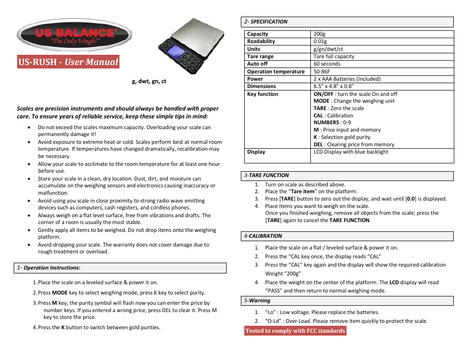 US Balance US-RUSH 200g x 0.01g User Manual | 1 page