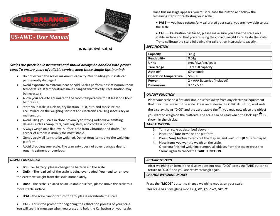 US Balance US-AWE 300g x 0.01g User Manual | 2 pages