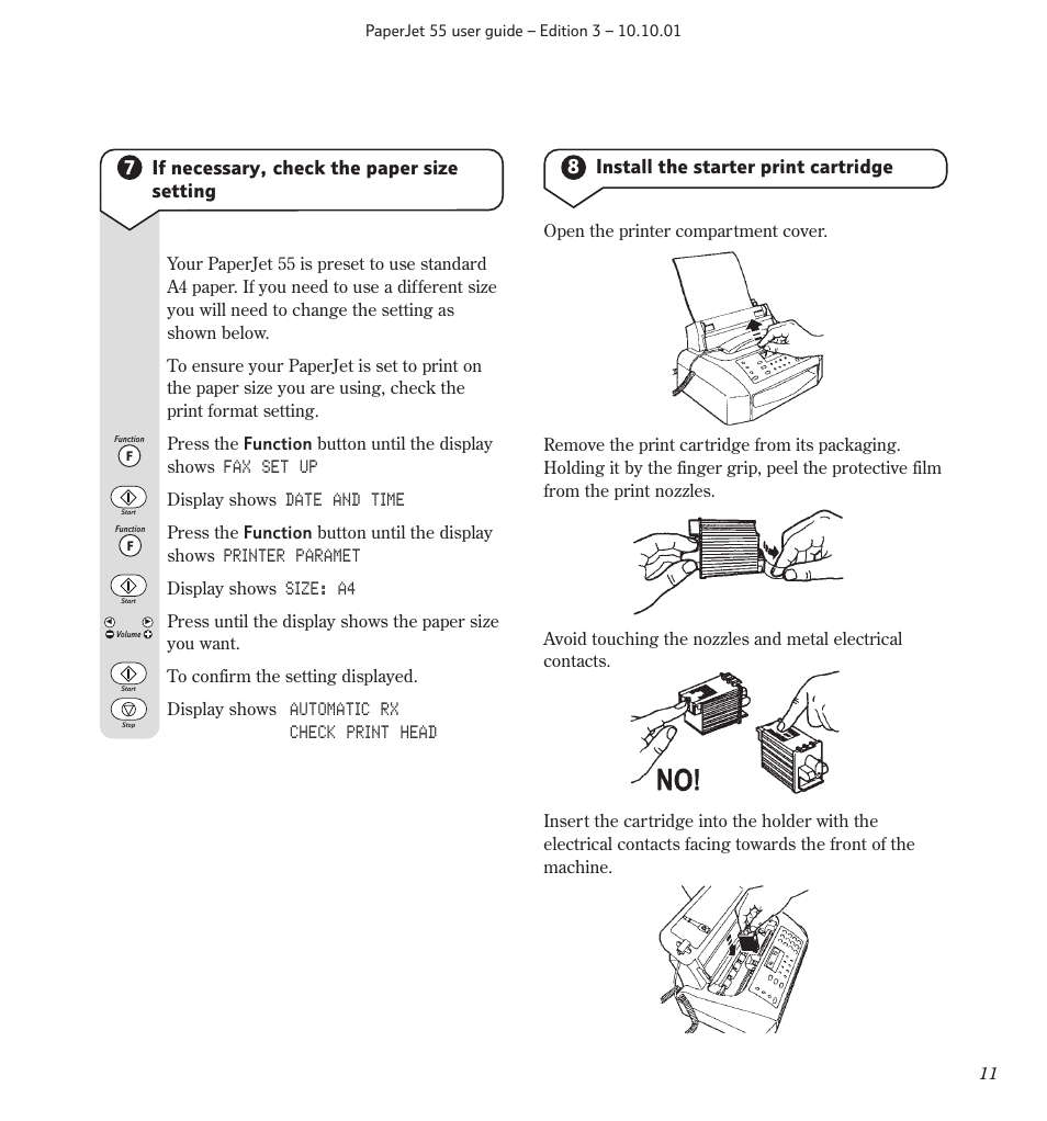 7if necessary, check the paper size setting, 8install the starter print cartridge | BT 55 User Manual | Page 13 / 56