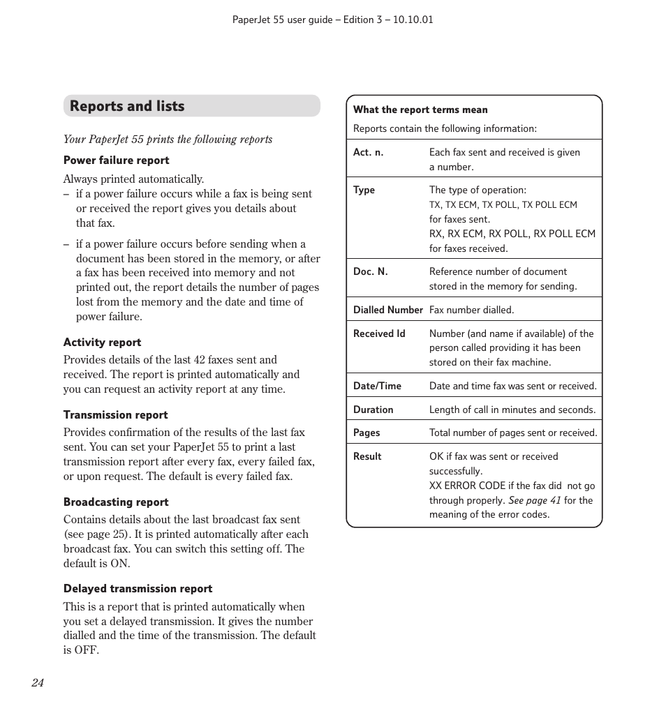Reports and lists | BT 55 User Manual | Page 26 / 56