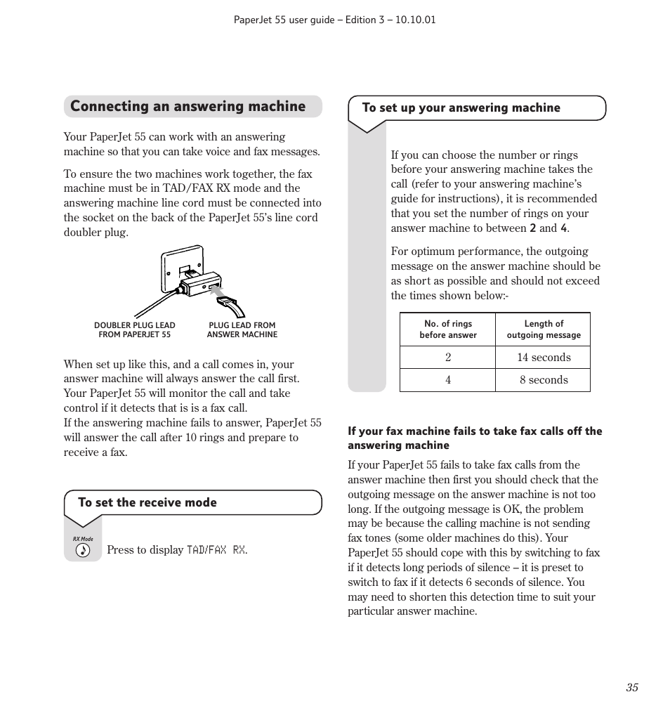 Connecting an answering machine | BT 55 User Manual | Page 37 / 56