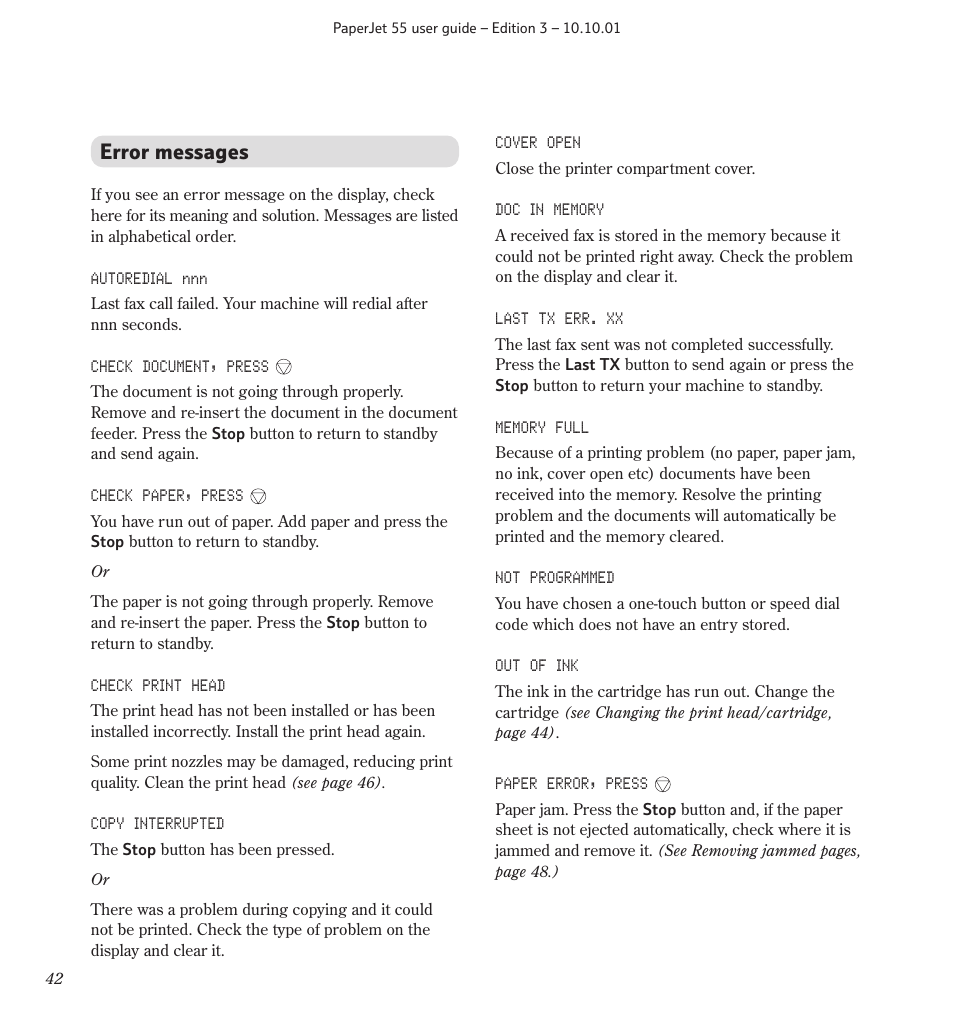 Error messages | BT 55 User Manual | Page 44 / 56