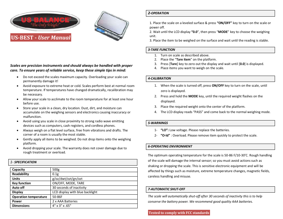 US Balance US-BEST 500g x 0.1g User Manual | 1 page