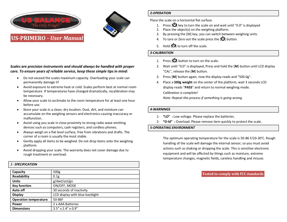 US Balance US-PRIMERO 500g x 0.1g User Manual | 1 page