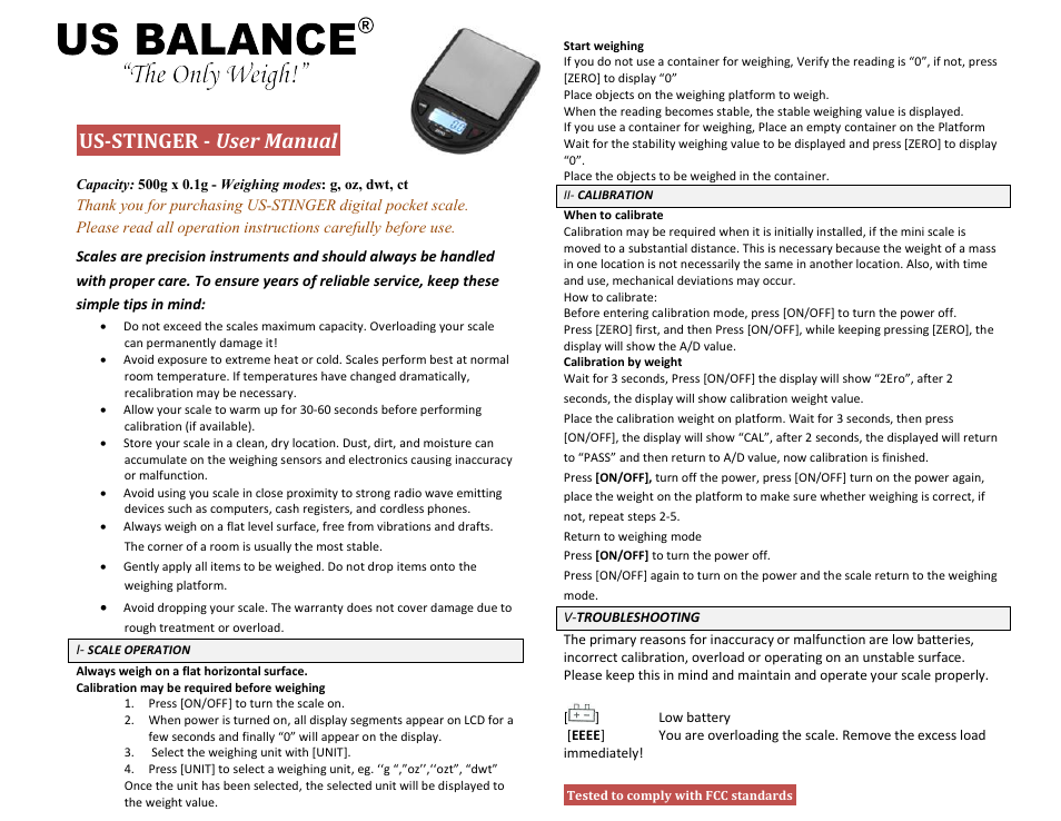 US Balance US-STINGER 500g x 0.1g User Manual | 1 page