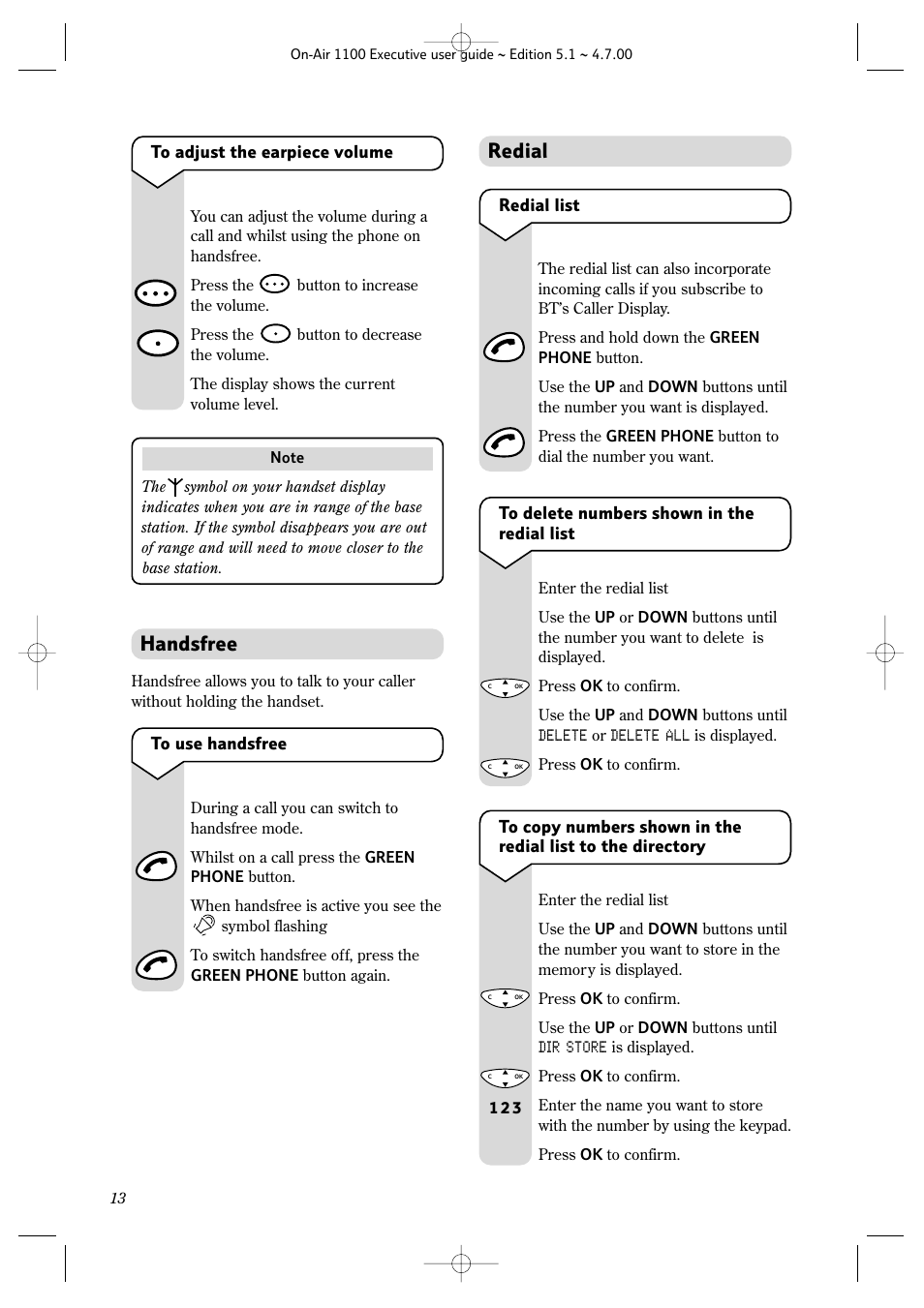 Handsfree, Redial | BT classic 1100 Executive User Manual | Page 13 / 30