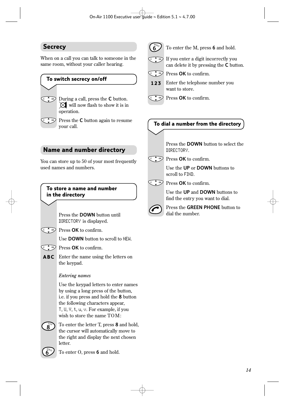 Secrecy, Name and number directory | BT classic 1100 Executive User Manual | Page 14 / 30