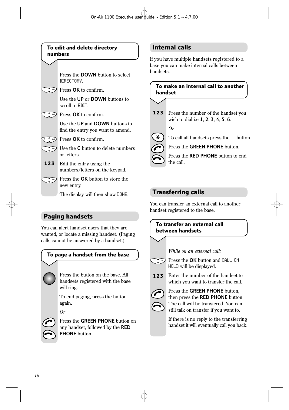 Paging handsets, Internal calls, Transferring calls | BT classic 1100 Executive User Manual | Page 15 / 30
