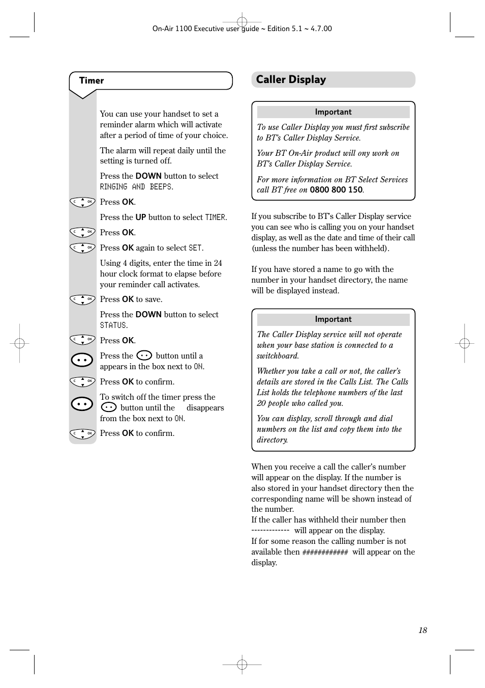Caller display, Timer | BT classic 1100 Executive User Manual | Page 18 / 30
