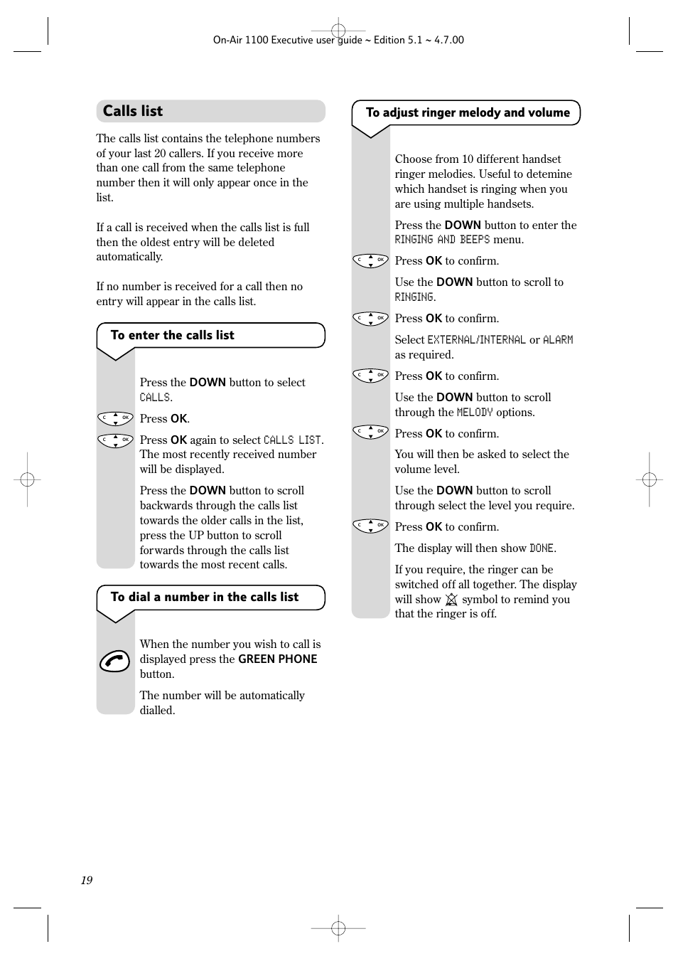 Calls list | BT classic 1100 Executive User Manual | Page 19 / 30