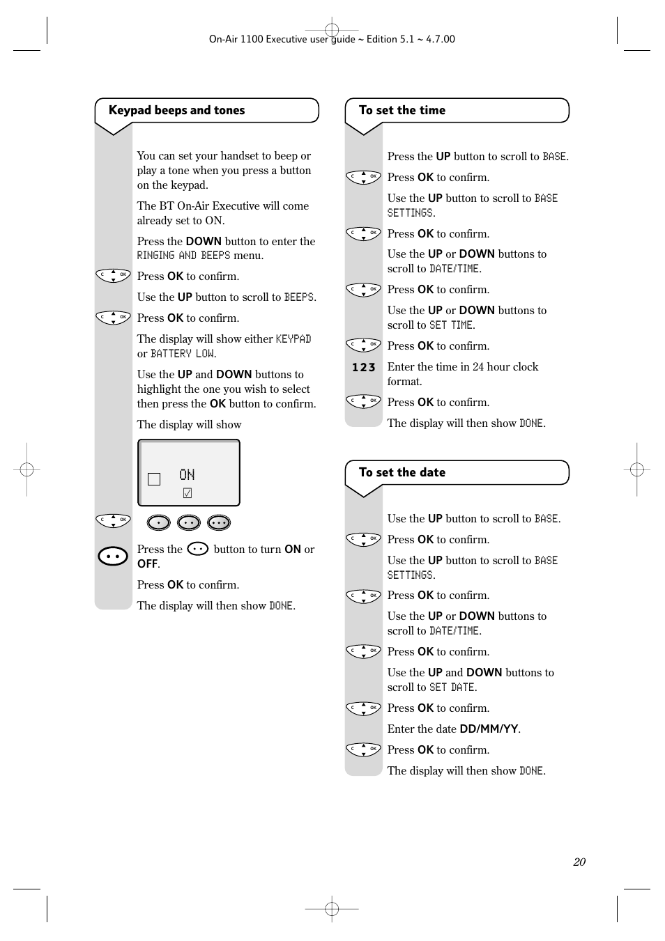 Keypad beeps and tones | BT classic 1100 Executive User Manual | Page 20 / 30