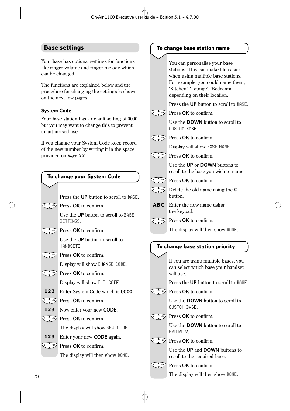 Base settings, A b c | BT classic 1100 Executive User Manual | Page 21 / 30