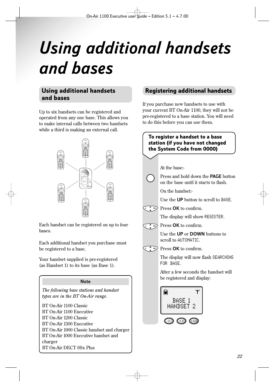 Using additional handsets and bases, Base 1 handset 2, Registering additional handsets | BT classic 1100 Executive User Manual | Page 22 / 30
