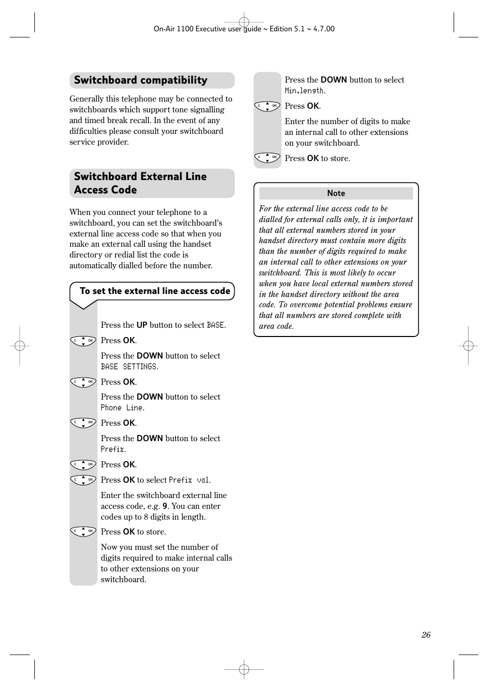 Switchboard external line access code, Switchboard compatibility | BT classic 1100 Executive User Manual | Page 26 / 30