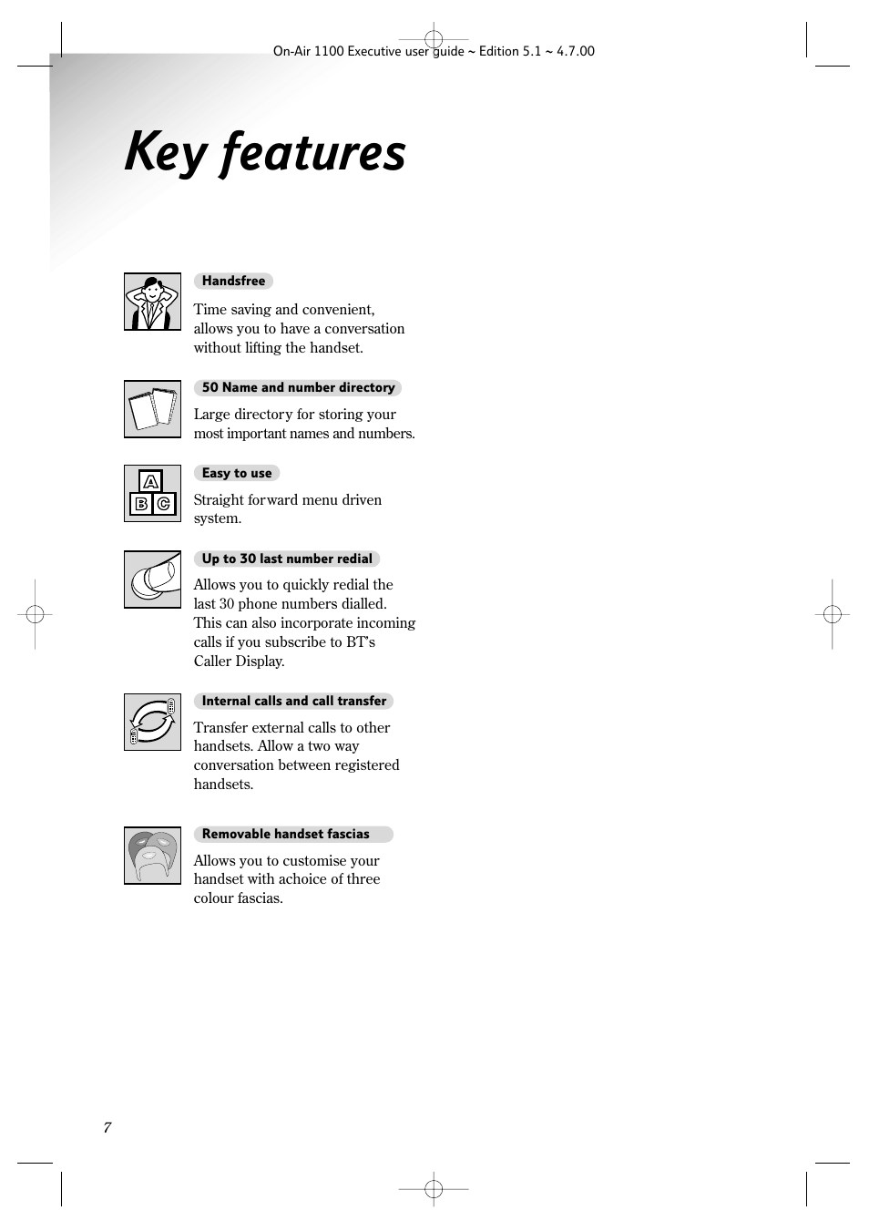 Key features | BT classic 1100 Executive User Manual | Page 7 / 30