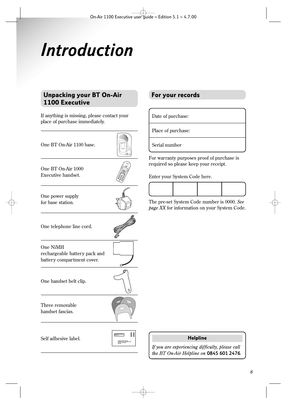 Introduction, For your records, Unpacking your bt on-air 1100 executive | BT classic 1100 Executive User Manual | Page 8 / 30