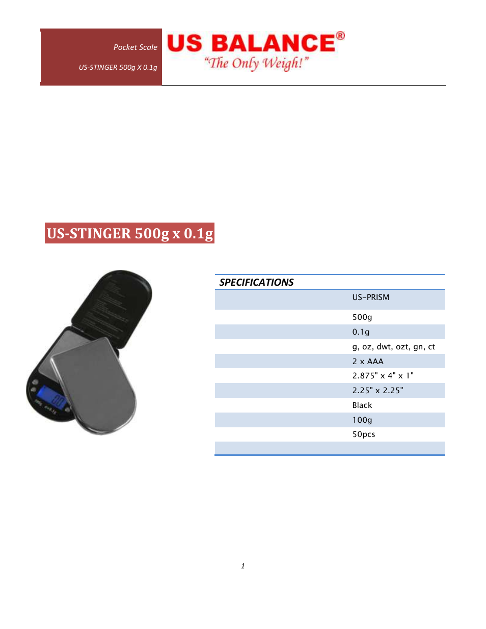 US Balance US-PRISM 500g x 0.1g User Manual | 3 pages