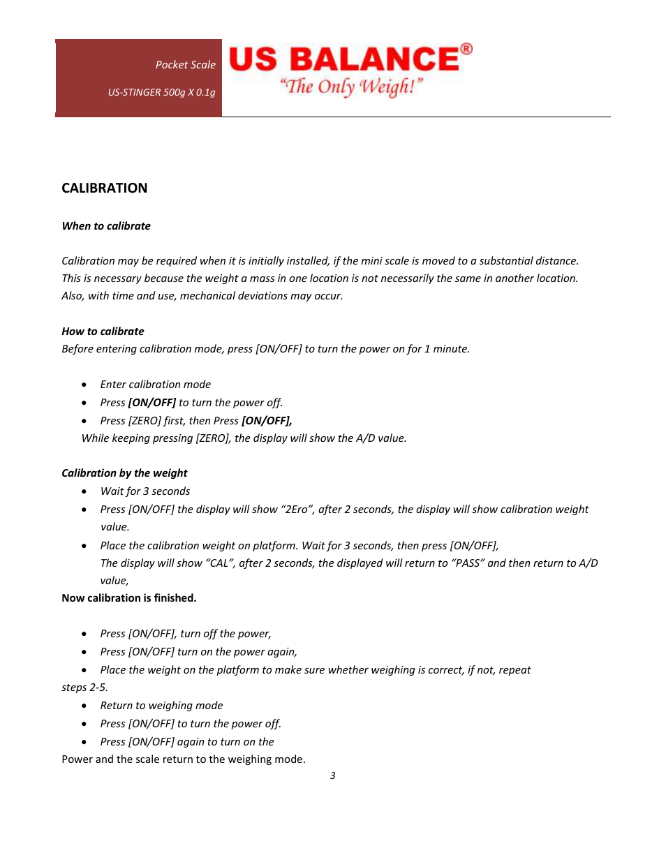 Calibration | US Balance US-PRISM 500g x 0.1g User Manual | Page 3 / 3