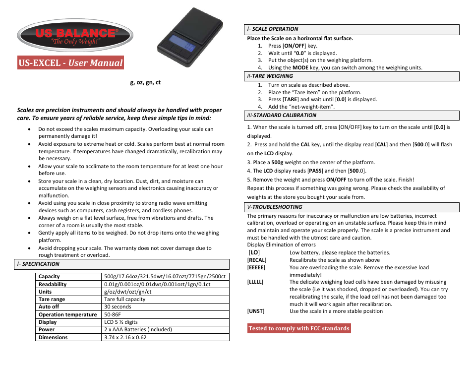 US Balance US-EXCEL 500g x 0.1g User Manual | 1 page