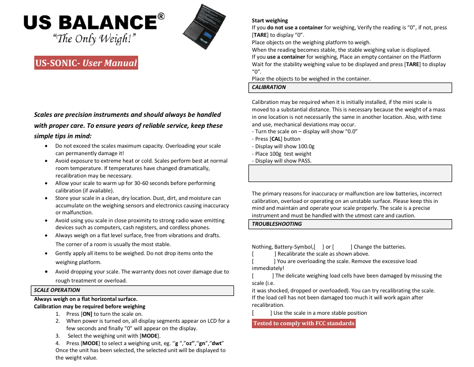 US Balance US-SONIC-500 500g x 0.1g User Manual | 1 page