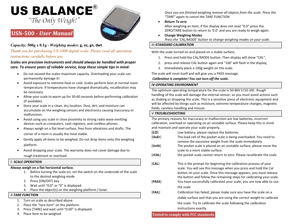 US Balance USN-600 600g x 0.1g User Manual | 1 page