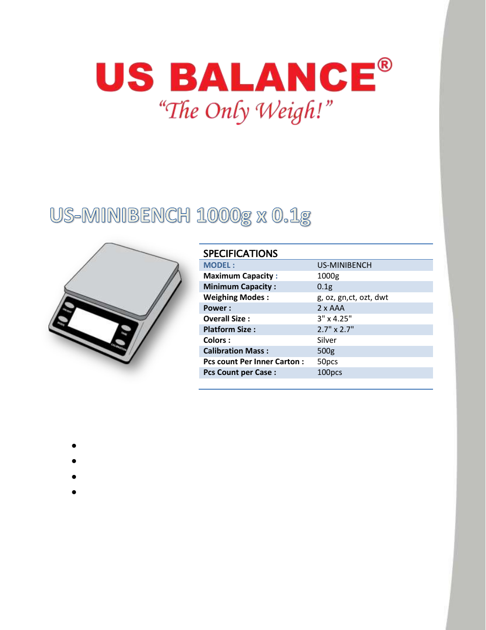 US Balance US-MINIBENCH 1000g x 0.1g User Manual | 4 pages