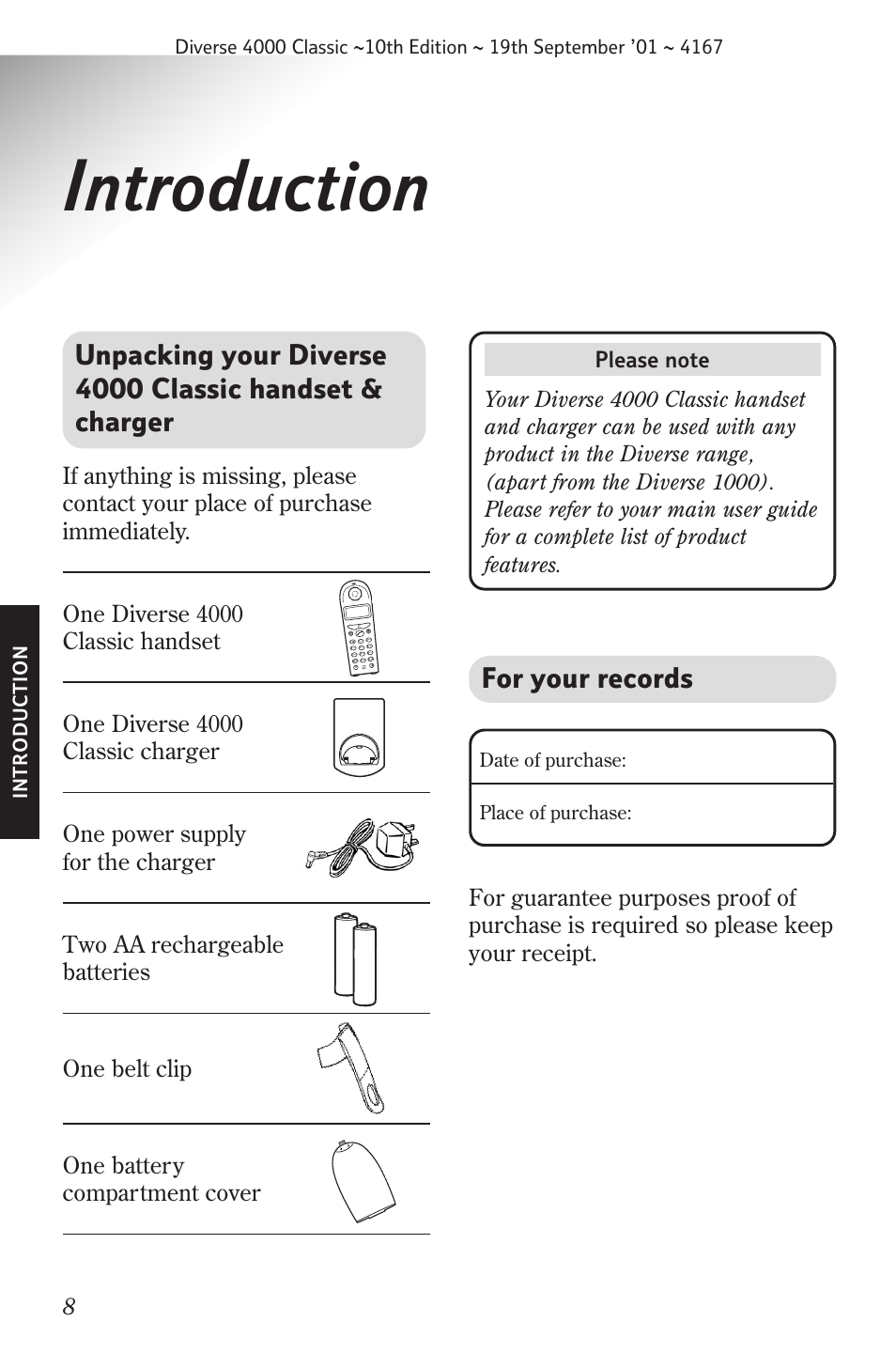 Introduction, Unpacking your diverse 4000, For your records | BT 4000 Classic User Manual | Page 10 / 47