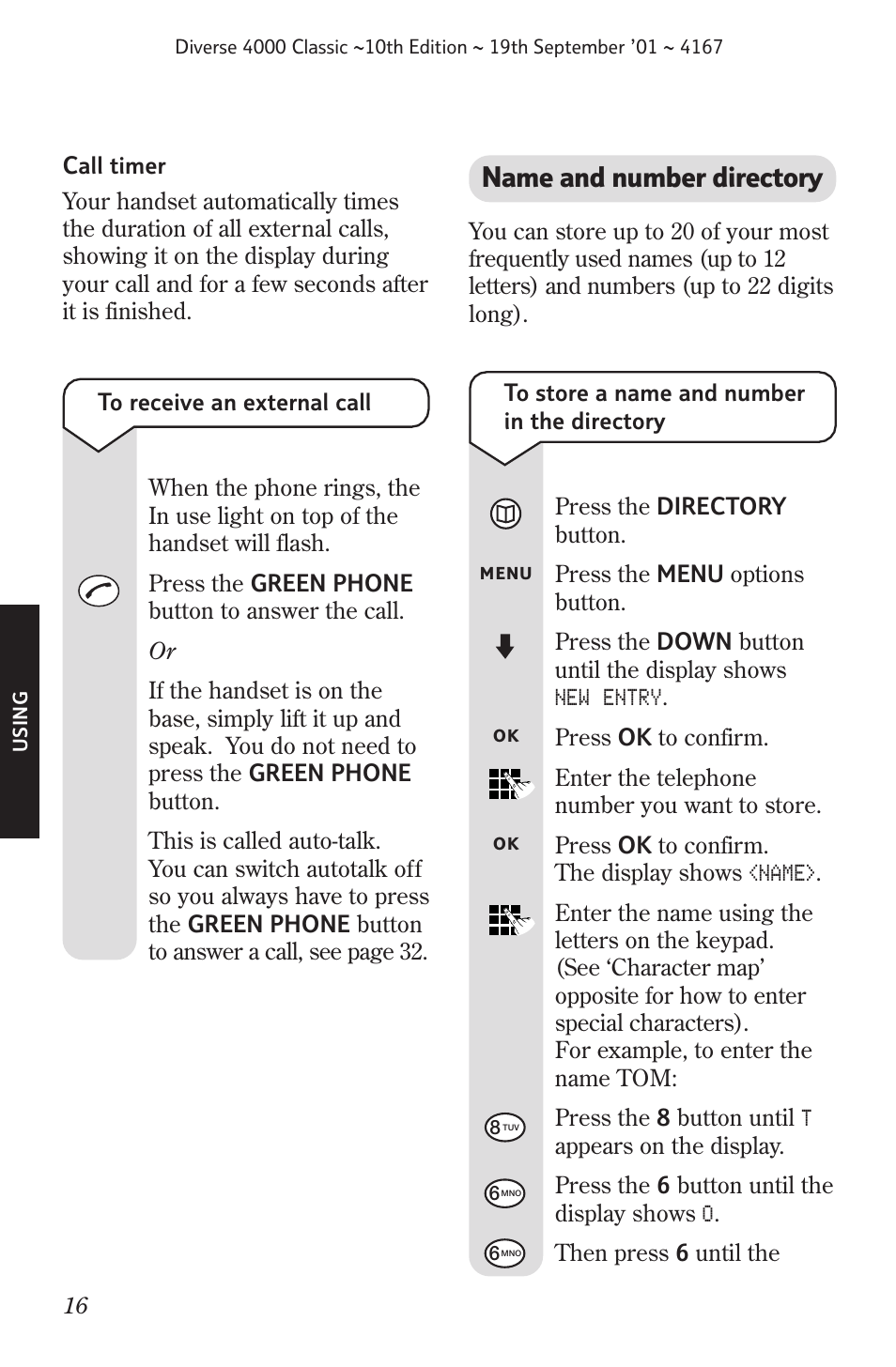 Making and ending calls, Name and number directory | BT 4000 Classic User Manual | Page 18 / 47