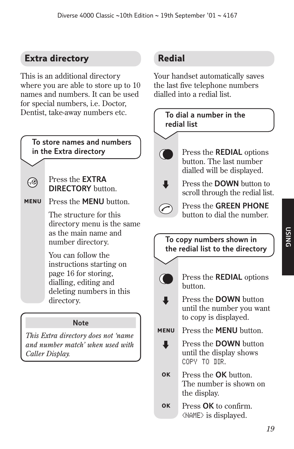 Extra directory, Redial | BT 4000 Classic User Manual | Page 21 / 47