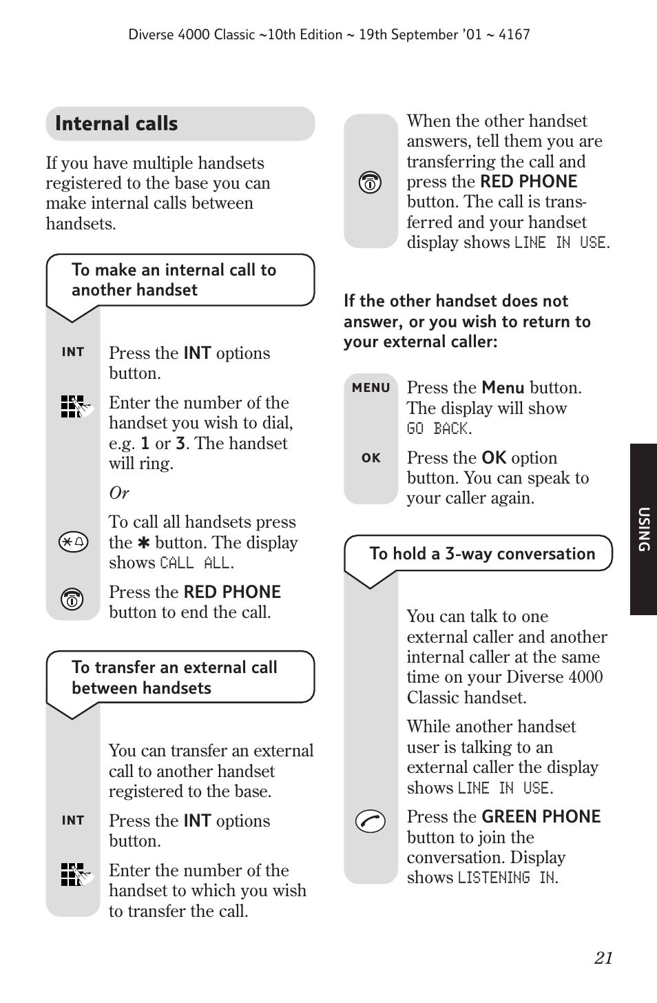 Secrecy, Internal calls, Redial | BT 4000 Classic User Manual | Page 23 / 47