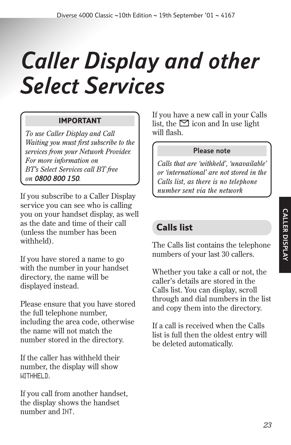 Caller display and other select services, Calls list | BT 4000 Classic User Manual | Page 25 / 47