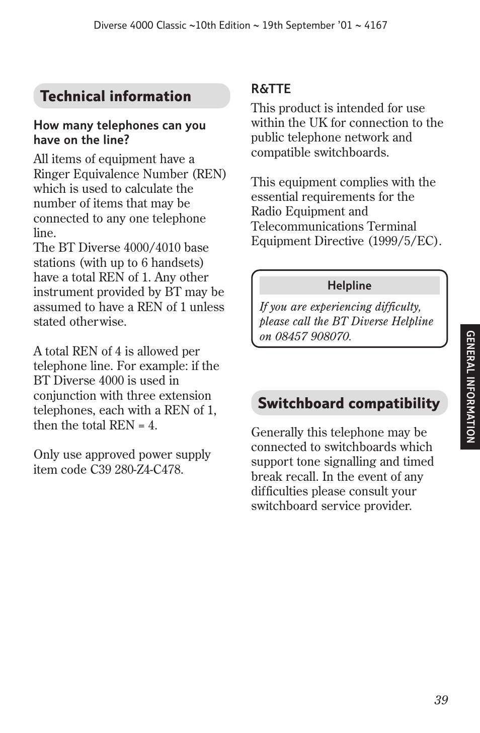 Technical information, Switchboard compatibility | BT 4000 Classic User Manual | Page 41 / 47