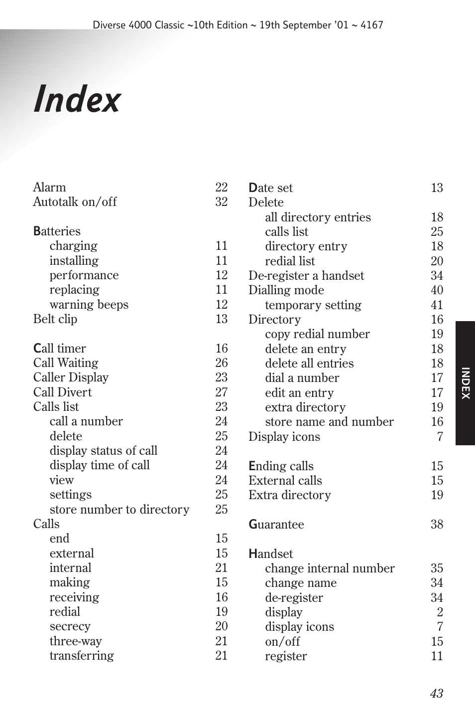 Index | BT 4000 Classic User Manual | Page 45 / 47