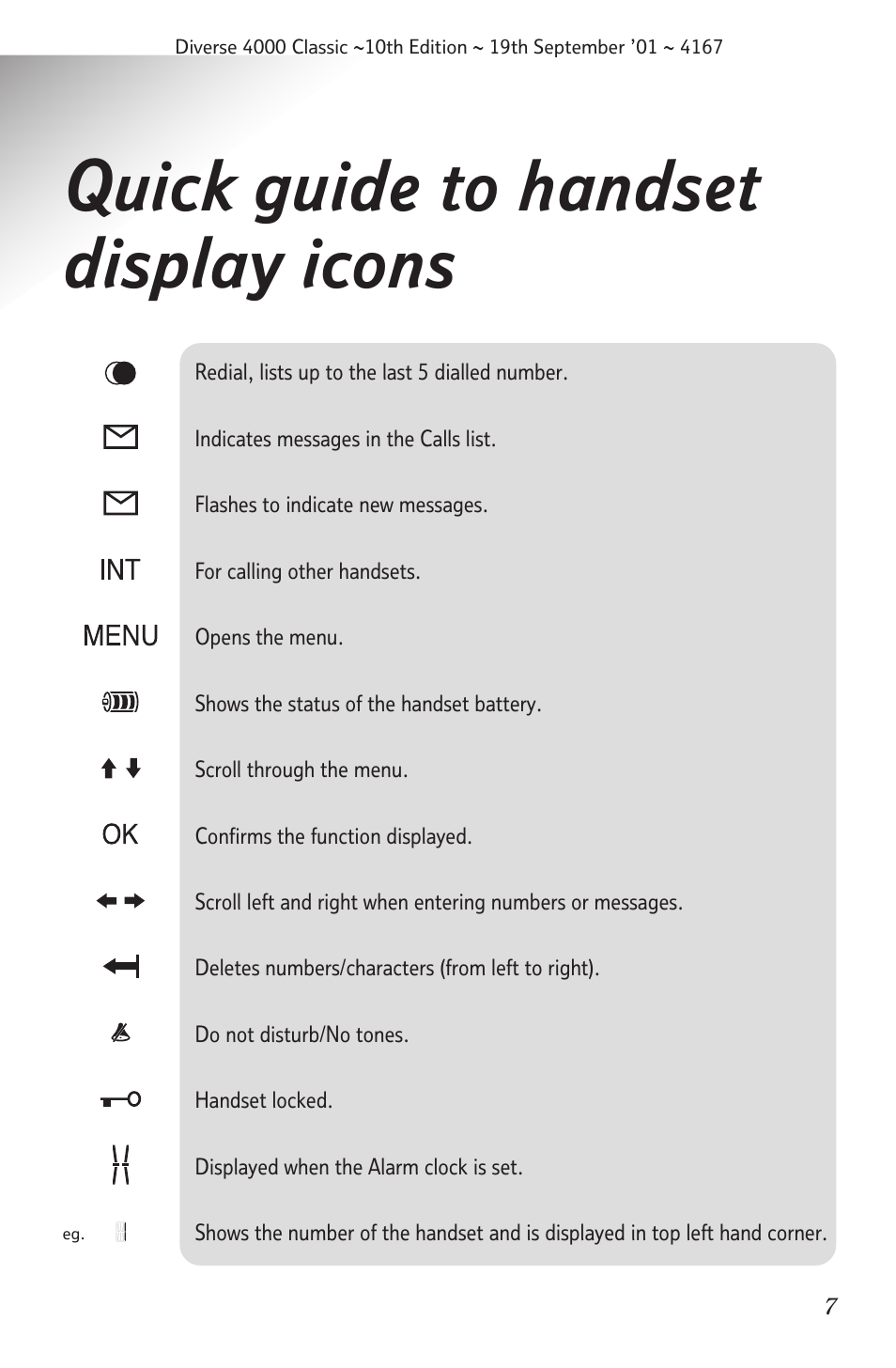 Andset display icons, Handset display icons, Quick guide to handset display icons | BT 4000 Classic User Manual | Page 9 / 47