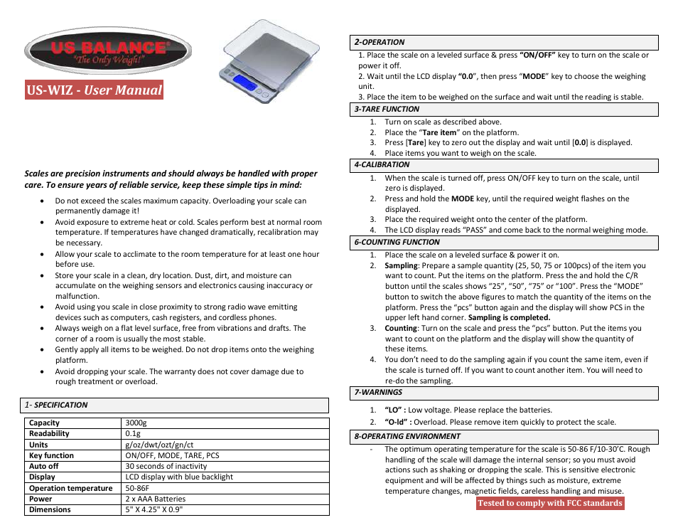 US Balance US-WIZ 2000g x 0.1g User Manual | 1 page