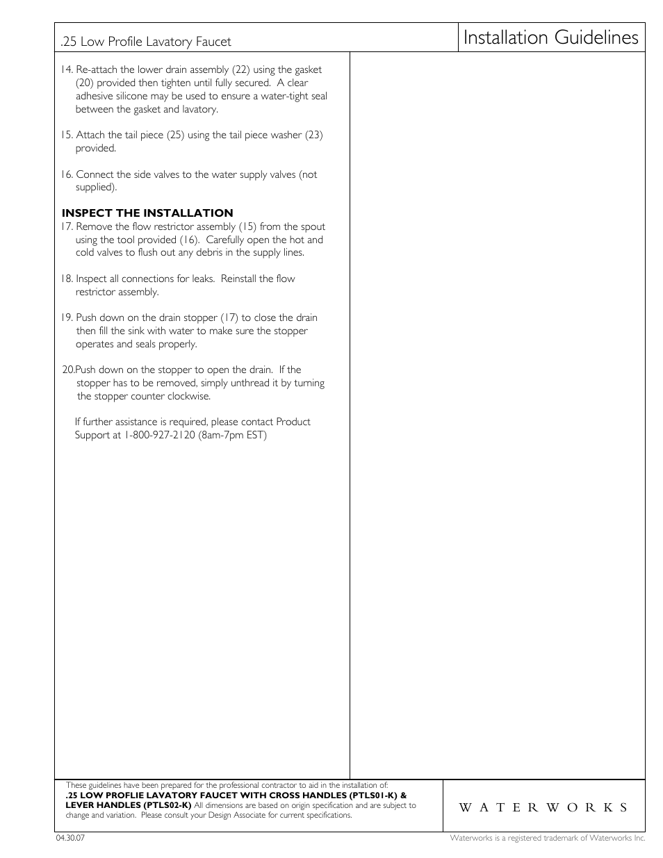 Installation guidelines, 25 low profile lavatory faucet | Waterworks .25 Low Profile Three Hole Deck Mounted Lavatory Faucet with Metal Lever Handles User Manual | Page 2 / 3