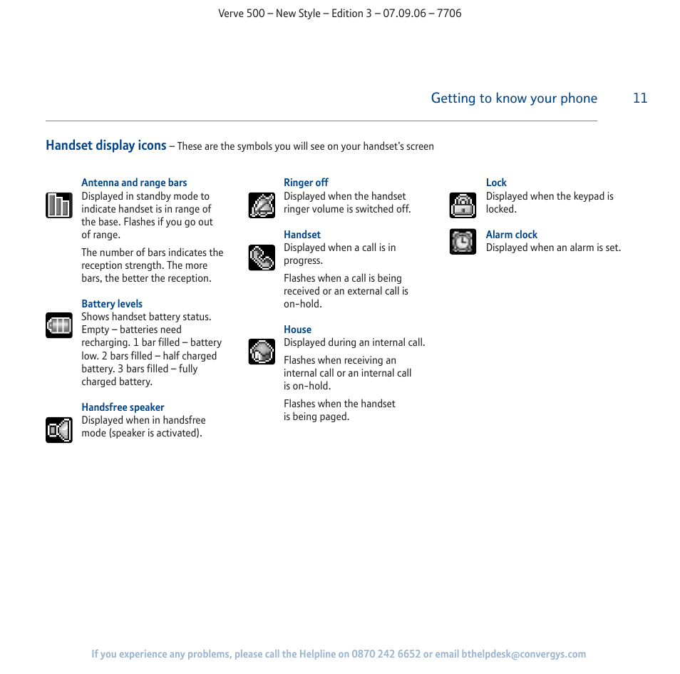 Getting to know your phone handset display icons | BT 500 User Manual | Page 11 / 86