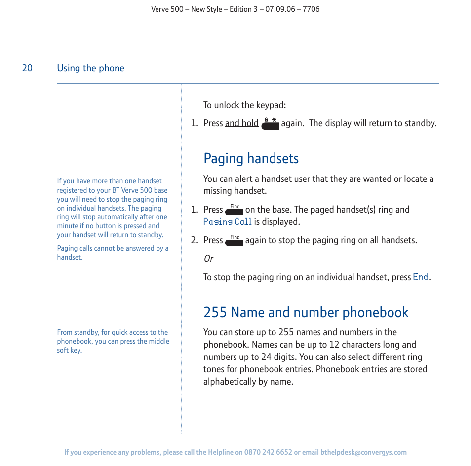 Paging handsets, 255 name and number phonebook | BT 500 User Manual | Page 20 / 86