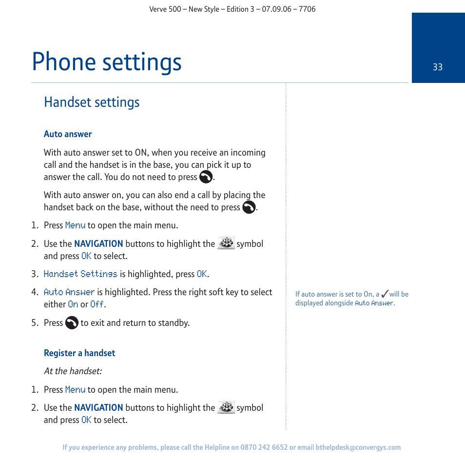 Phone settings, Handset settings | BT 500 User Manual | Page 33 / 86